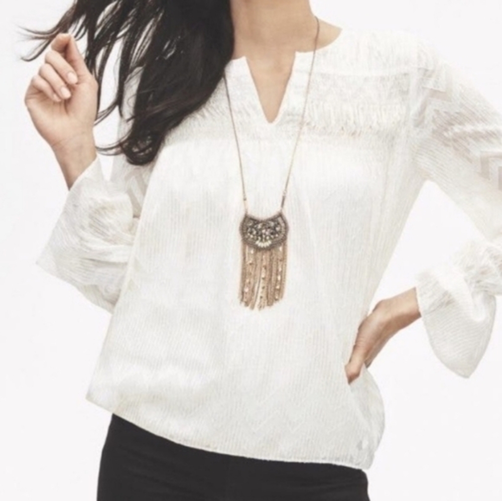 Stella & Dot Maette "Lyla" Sheer Off White‎ Chevron Metallic Blouse Top, Size M - Picture 2 of 8